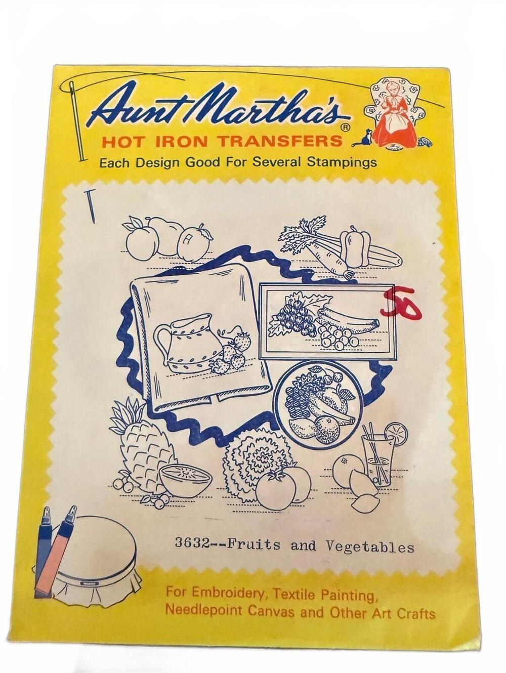 Aunt Martha's Vintage Hot Iron Embroidery Transfers 3632 Fruits and Vegetables